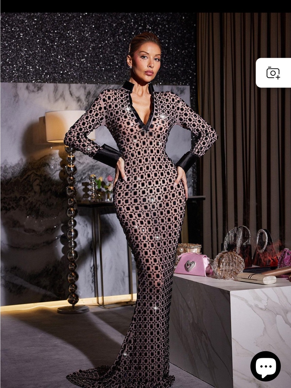 Long Sleeve Geometric Pattern Evening Gown in Blush and Black